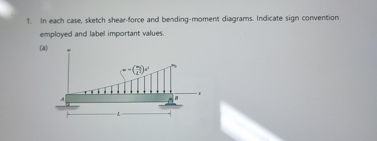 1. In each case, sketch shear-force and bending-moment diagrams. Indicate sign convention
employed and label important values.
(a)
Wo
B