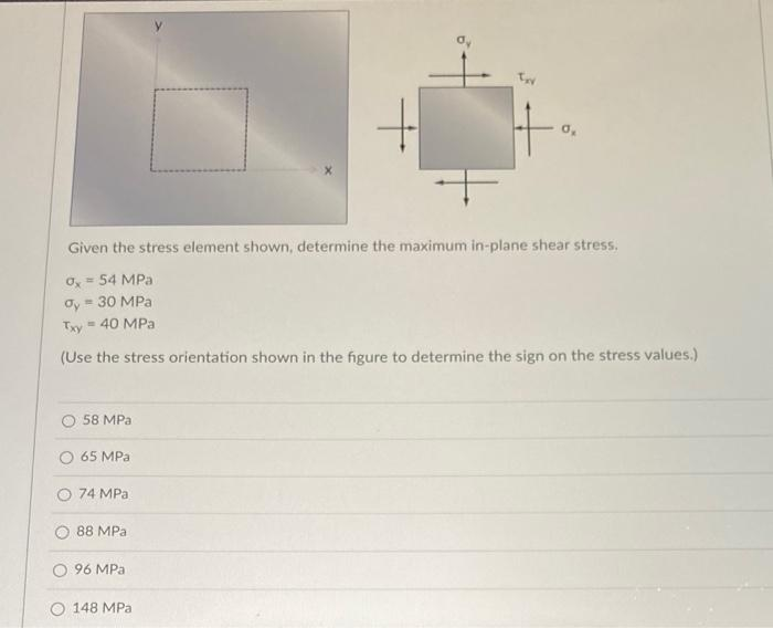 Given the stress element shown, determine the maximum in-plane shear stress,
0x = 54 MPa
Oy = 30 MPa
Txy = 40 MPa
(Use the stress orientation shown in the figure to determine the sign on the stress values.)
58 MPal
65 MPa
74 MPa
88 MPa
96 MPa
+
148 MPa