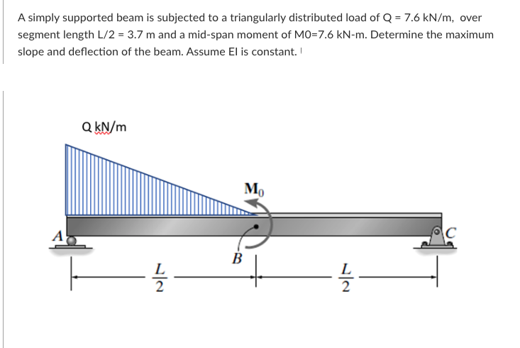 A simply supported beam is subjected to a triangularly distributed load of Q = 7.6 kN/m, over
segment length L/2 = 3.7 m and a mid-span moment of MO=7.6 kN-m. Determine the maximum
slope and deflection of the beam. Assume El is constant.
A
QkN/m
1/12 -
Mo
B
7/2
6
C