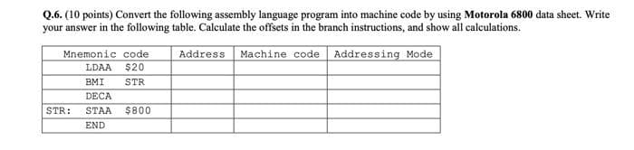 Q.6. (10 points) Convert the following assembly language program into machine code by using Motorola 6800 data sheet. Write
your answer in the following table. Calculate the offsets in the branch instructions, and show all calculations.
Mnemonic code
Address
Machine code Addressing Mode
LDAA
$20
BMI
STR
DECA
STR:
STAA
$800
END
