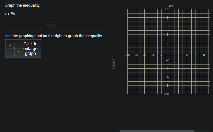 Graph the inequality.
x> 5y
Use the graphing tool on the right to graph the inequality.
Click to
enlarge
graph
10
40
8
to
40-