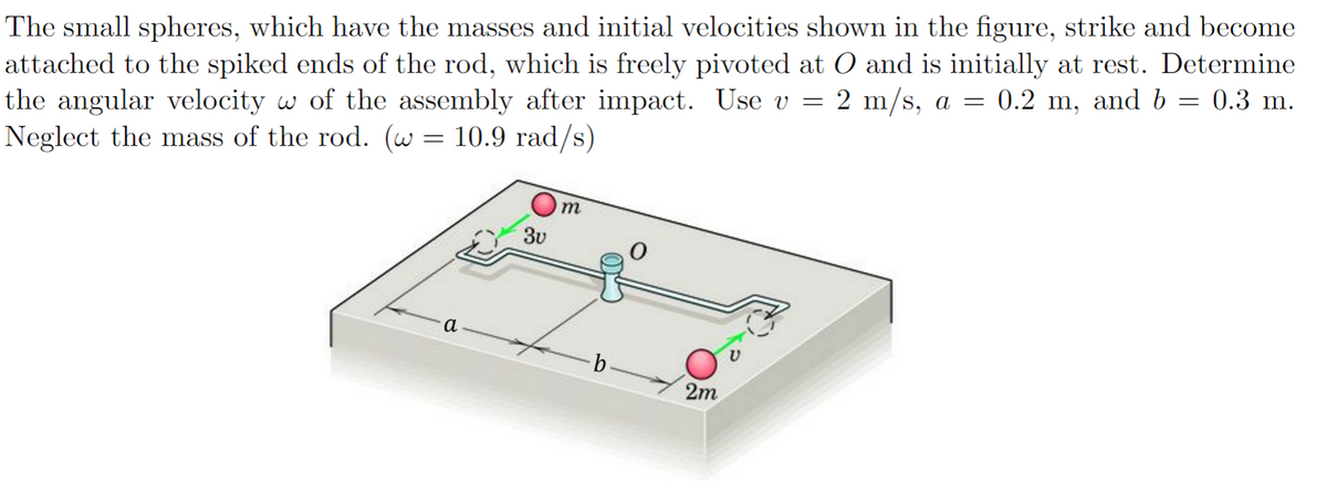 The small spheres, which have the masses and initial velocities shown in the figure, strike and become
attached to the spiked ends of the rod, which is freely pivoted at O and is initially at rest. Determine
the angular velocity w of the assembly after impact. Use v = 2 m/s, a = 0.2 m, and b = 0.3 m.
Neglect the mass of the rod. (w = 10.9 rad/s)
3u
m
a
b
2m