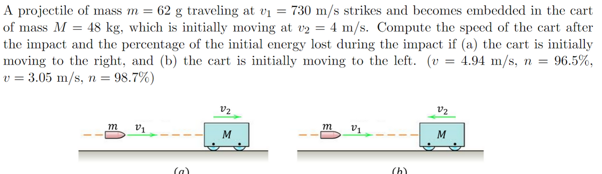 of mass M =
-
A projectile of mass m = 62 g traveling at v₁ = 730 m/s strikes and becomes embedded in the cart
48 kg, which is initially moving at v2 4 m/s. Compute the speed of the cart after
the impact and the percentage of the initial energy lost during the impact if (a) the cart is initially
moving to the right, and (b) the cart is initially moving to the left. (v 4.94 m/s, n = 96.5%,
v = 3.05 m/s, n = 98.7%)
=
02
02
m
V1
M
m V1
M