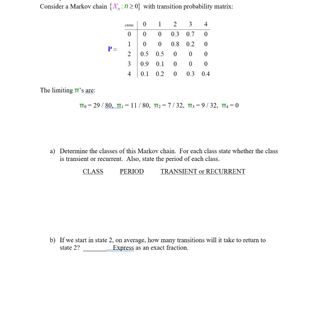 Consider a Markov chain {X„:n>0} with transition probability matrix:
1
2
3
4
states
0.3
0.7
1
P =
2
0.8
0.2
0.5
0.5
3
0.9
0.1
4
0.1
0.2
0.3
0.4
The limiting TT's are:
TTo = 29 / 80, TI = 11 / 80, TT2 = 7/ 32, TT3 = 9/32, TT4 = 0
a) Determine the classes of this Markov chain. For each class state whether the class
is transient or recurrent. Also, state the period of each class.
CLASS
PERIOD
TRANSIENT or RECURRENT
b) If we start in state 2, on average, how many transitions will it take to return to
state 2?
Express as an exact fraction.
