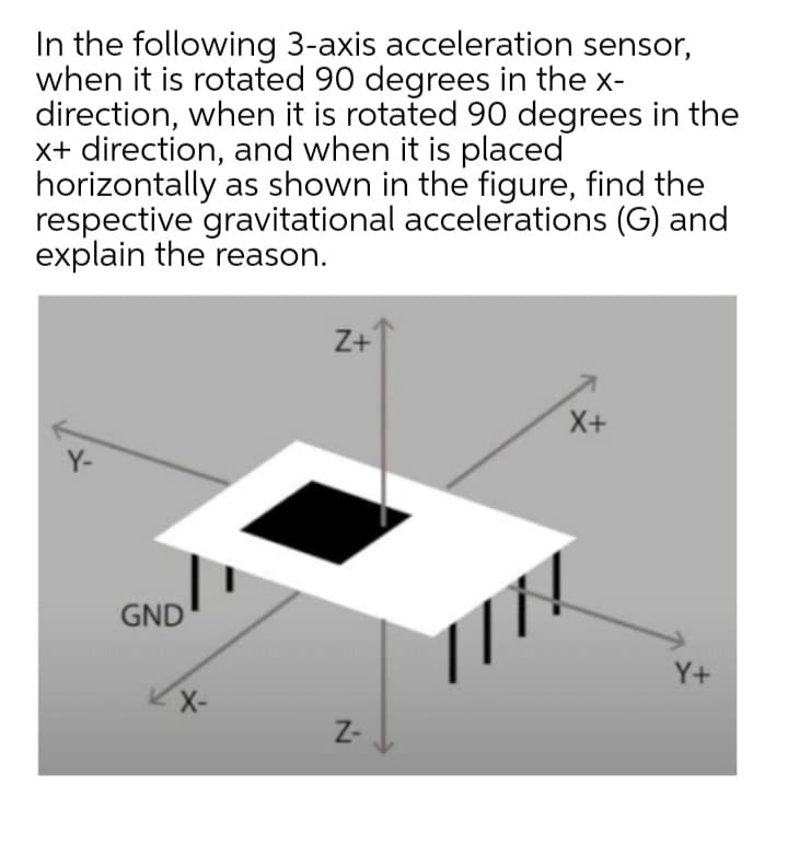 In the following 3-axis acceleration sensor,
when it is rotated 90 degrees in the x-
direction, when it is rotated 90 degrees in the
x+ direction, and when it is placed
horizontally as shown in the figure, find the
respective gravitational accelerations (G) and
explain the reason.
Z+
X+
Y-
GND
Y+
X-
Z-
