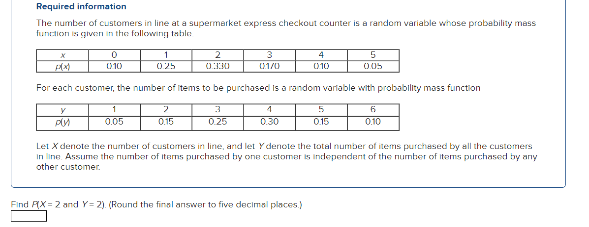 Required information
The number of customers in line at a supermarket express checkout counter is a random variable whose probability mass
function is given in the following table.
0
0.10
y
p(y)
1
0.25
1
0.05
X
p(x)
For each customer, the number of items to be purchased is a random variable with probability mass function
2
0.330
2
0.15
3
0.25
0.170
4
0.30
4
0.10
Find P(X= 2 and Y= 2). (Round the final answer to five decimal places.)
5
0.05
5
0.15
6
0.10
Let X denote the number of customers in line, and let y denote the total number of items purchased by all the customers
in line. Assume the number of items purchased by one customer is independent of the number of items purchased by any
other customer.