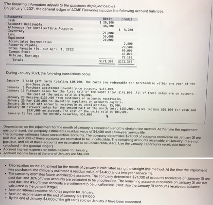 (The following information applies to the questions displayed below.]
On January 1, 2021, the general ledger of ACME Fireworks includes the following account balances:
Accounts
Cash
Accounts Receivable
Allowance for Uncollectible Accounts
Inventory
Land
Equipment
Accumulated Depreciation
Accounts Payable
Notes Payable (64, due April 1, 2022)
Common Stock
Retained Earnings
Debit
Credit
$ 26, 100
48,200
$ 5,200
21,000
56,000
20,000
2,500
29,500
60, 000
45,000
29, 100
$171, 300 $171, 300
Totals
During January 2021, the following transactions occur:
January 2 Sold gift cards totaling $10,000. The cards are redeenable for nerchandise within one year of the
purchase date.
January 6 Purchase additional inventory on account, $157,000.
January 15 Firework sales for the first half of the month total $145, 000. ALl of these sales are on account.
The cost of the units sold is $78,800.
January 23 Receive $126,400 from customers on accounts receivable.
January 25 Pay $100,000 to inventory suppliers on accounts payable.
January 28 Write off accounts receivable as uncollectible, $5,800.
January 30 Firework sales for the second halt of the month total $153,000. Sales include $16, 000 for cash and
$137,000 on account. The cost of the units sold is $84, 500.
January 31 Pay cash for monthly salaries, $53,000.
- Depreciation on the equipment for the month of January is calculated using the straight-line method. At the time the equipment
was purchased, the company estimated a residual value of $4400 and a two-year service life.
- The company estimates future uncollectible accounts. The company determines $21,000 of accounts receivable on January 31 are
past due, and 30% of these accounts are estimated to be uncollectible. The remaining accounts receivable on January 31 are not
past due, and 4% of these accounts are estimated to be uncollectible. (Hint: Use the January 31 accounts receivable balance
calculated in the general ledger.)
- Accrued interest expense on notes payable for January.
- Accrued income taxes at the end of January are $14,00o.
• Depreciation on the equipment for the month of January is calculated using the straight-line method. At the time the equipment
was purchased, the company estimated a residual value of $4,400 and a two-year service life.
• The company estimates future uncollectible accounts. The company determines $21,000 of accounts receivable on January 31 are
past due, and 30% of these accounts are estimated to be uncollectible. The remaining accounts receivable on January 31 are not
past due, and 4% of these accounts are estimated to be uncollectible. (Hint: Use the January 31 accounts receivable balance
calculated in the general ledger)
• Accrued interest expense on notes payable for January.
• Accrued income taxes at the end of January are $14,000.
• By the end of January, $4,000 of the gift cards sold on January 2 have been redeemed.
