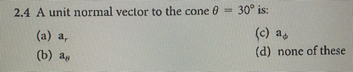 30° is:
2.4 A unit normal vector to the cone
(c) as
(a) a,
(d) none of these
(b) а
