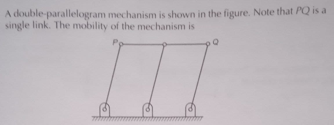 A double-parallelogram mechanism is shown in the figure. Note that PQ is a
single link. The mobility of the mechanism is