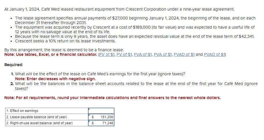 At January 1, 2024, Café Med leased restaurant equipment from Crescent Corporation under a nine-year lease agreement.
• The lease agreement specifies annual payments of $27,000 beginning January 1, 2024, the beginning of the lease, and on each
December 31 thereafter through 2031.
The equipment was acquired recently by Crescent at a cost of $189,000 (its fair value) and was expected to have a useful life of
12 years with no salvage value at the end of its life.
• Because the lease term is only 9 years, the asset does have an expected residual value at the end of the lease term of $42,341.
• Crescent seeks a 10% return on its lease investments.
.
By this arrangement, the lease is deemed to be a finance lease.
Note: Use tables, Excel, or a financial calculator. (FV of $1, PV of $1, FVA of $1, PVA of $1, FVAD of $1 and PVAD of $1)
Required:
1. What will be the effect of the lease on Café Med's earnings for the first year (ignore taxes)?
Note: Enter decreases with negative sign.
2. What will be the balances in the balance sheet accounts related to the lease at the end of the first year for Café Med (ignore
taxes)?
Note: For all requirements, round your Intermediate calculations and final answers to the nearest whole dollars.
1. Effect on earnings
2. Lease payable balance (end of year)
2. Right-of-use asset balance (end of year)
$
$
151,200
71,248