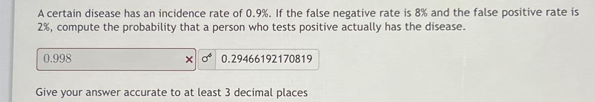 A certain disease has an incidence rate of 0.9%. If the false negative rate is 8% and the false positive rate is
2%, compute the probability that a person who tests positive actually has the disease.
0.998
x 0.29466192170819
Give your answer accurate to at least 3 decimal places