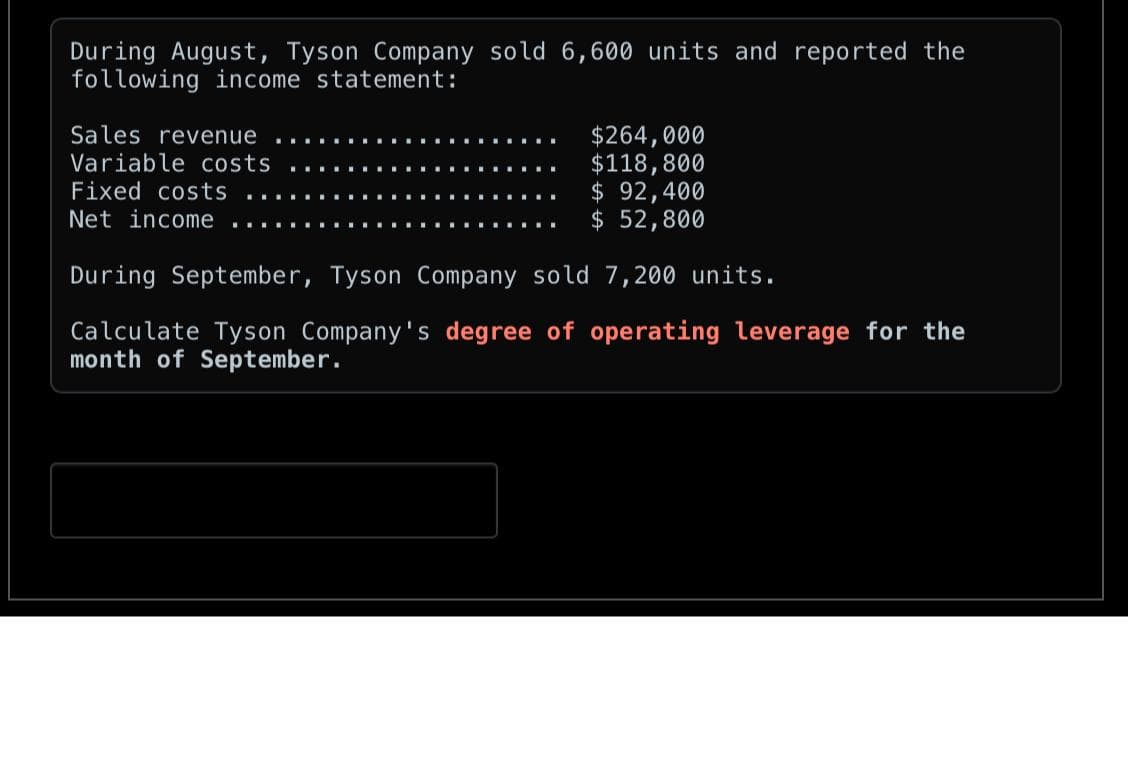 During August, Tyson Company sold 6,600 units and reported the
following income statement:
Sales revenue
Variable costs
Fixed costs
Net income
$264,000
$118,800
$ 92,400
$ 52,800
During September, Tyson Company sold 7,200 units.
Calculate Tyson Company's degree of operating leverage for the
month of September.