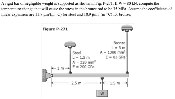 A rigid bar of negligible weight is supported as shown in Fig. P-271. If W = 80 kN, compute the
temperature change that will cause the stress in the bronze rod to be 35 MPa. Assume the coefficients of
linear expansion are 11.7 μm/(m °C) for steel and 18.9 µm/ (m-°C) for bronze.
Figure P-271
Bronze
L = 3m
A = 1300 mm²
E = 83 GPa
1.5 m
INVA
Steel
L = 1.5 m
A = 320 mm²
-1 mE= 200 GPa
2.5 m
W