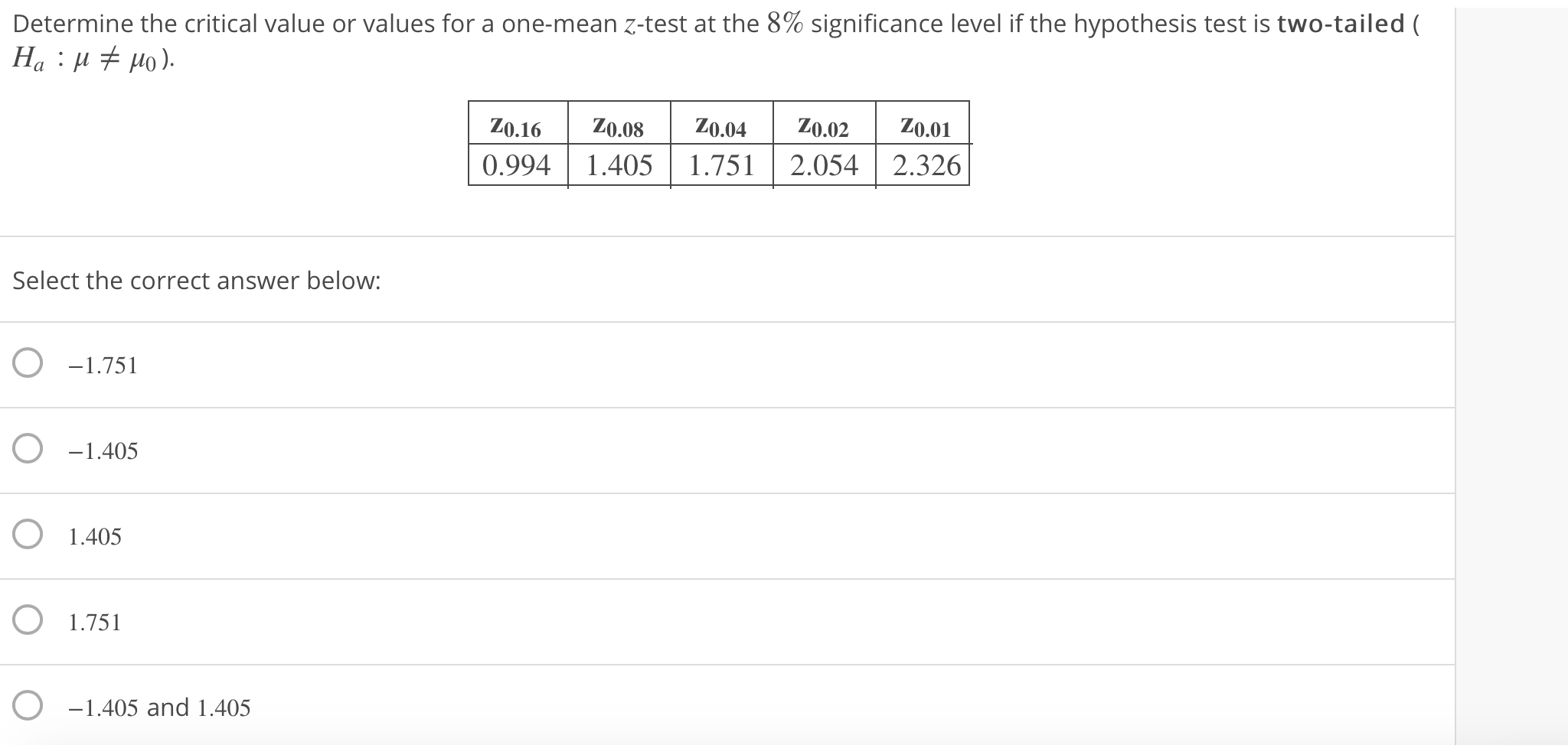 Determine the critical value or values for a one-mean z-test at the 8% significance level if the hypothesis test is two-tailed (
0.16 Z0.08Z0.04Z0.02 Z0.01
0.994 1.405 1.751 2.054 2.326
Select the correct answer below:
O -1.751
O -
O 1.405
O 1.751
O-1.405 and 1.405
1 .405
