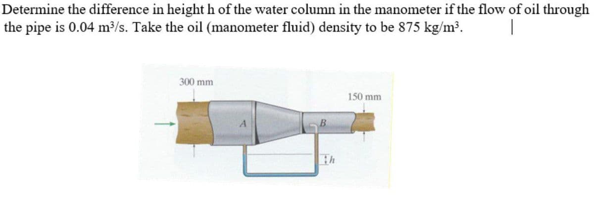 Determine the difference in height h of the water column in the manometer if the flow of oil through
the pipe is 0.04 m³/s. Take the oil (manometer fluid) density to be 875 kg/m³.
|
300 mm
150 mm
A
B.
