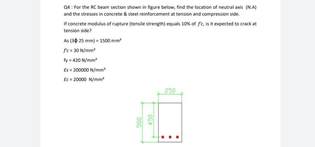 Q4: For the RC beam section shown in figure below, find the location of neutral axis (N.A)
and the stresses in concrete & steel reinforcement at tension and compression side.
If concrete modulus of rupture (tensile strength) equals 10% of f'c, is it expected to crack at
tension side?
As (30 25 mm) = 1500 mm²
f'c = 30 N/mm²
fy = 420 N/mm²
Es = 200000 N/mm²
Ec= 20000 N/mm²
500
450
250