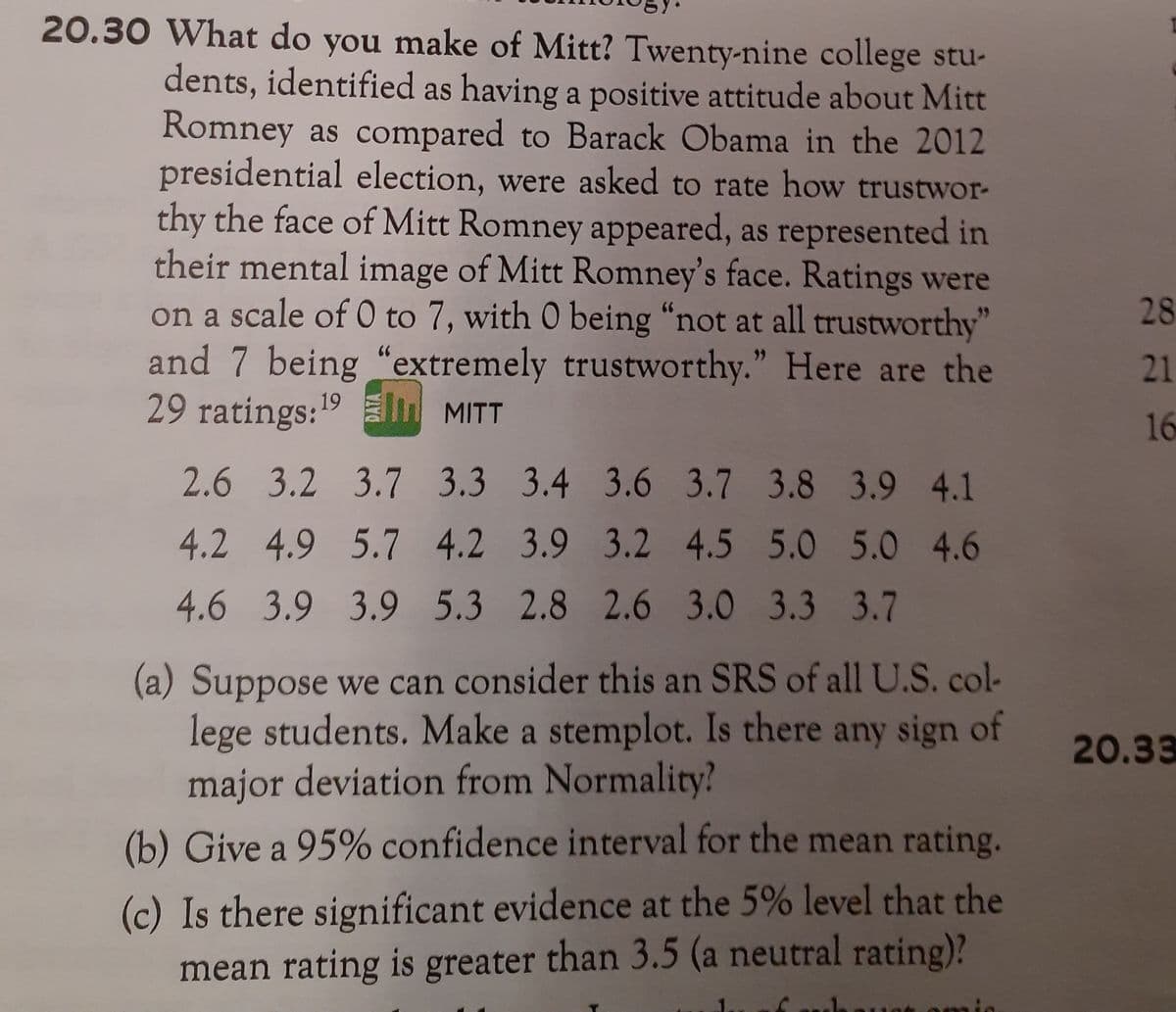 20.30 What do you make of Mitt? Twenty-nine college stu-
dents, identified as having a positive attitude about Mitt
Romney as compared to Barack Obama in the 2012
presidential election, were asked to rate how trustwor-
thy the face of Mitt Romney appeared, as represented in
their mental image of Mitt Romney's face. Ratings were
on a scale of 0 to 7, with 0 being "not at all trustworthy"
and 7 being "extremely trustworthy." Here are the
29 ratings:19 MITT
28
21
16
2.6 3.2 3.7 3.3 3.4 3.6 3.7 3.8 3.9 4.1
4.2 4.9 5.7 4.2 3.9 3.2 4.5 5.0 5.0 4.6
4.6 3.9 3.9 5.3 2.8 2.6 3.0 3.3 3.7
(a) Suppose we can consider this an SRS of all U.S. col-
lege students. Make a stemplot. Is there any sign of
major deviation from Normality?
20.33
(b) Give a 95% confidence interval for the mean rating.
(c) Is there significant evidence at the 5% level that the
mean rating is greater than 3.5 (a neutral rating)?
tomio
