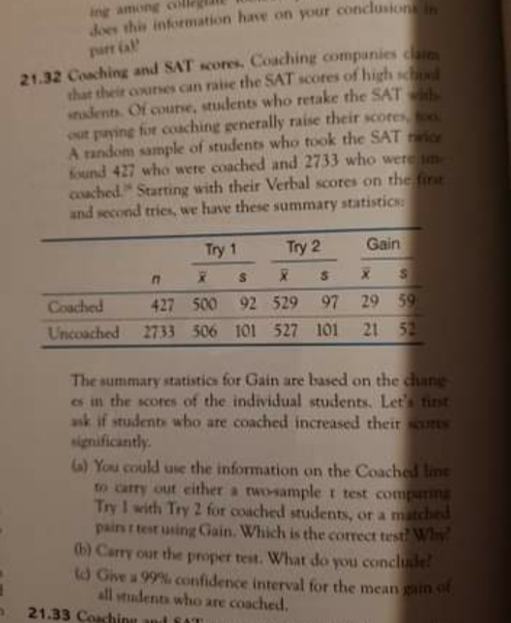 ing among colle
does this information have on your conclusion in
parr (al
21.32 Coaching and SAT scores. Coaching companies di
that their coutses can raise the SAT scores of high schd
snudents. Of course, students who retake the SAT
ut paying for coaching generally raise their scores
A random sample of students who took the SAT rice
Kound 427 who were coached and 2733 who were un
coached" Starting with their Verbal scores on the fire
and second trices, we have these summary statistics:
Try 1
Try 2
Gain
Coached
427 500
92 529
97 29 59
Uncoached
2733 506 101 527 101
21 52
The summary statistics for Gain are based on the dung
es in the scores of the individual students. Lets tint
ask if students who are coached increased their ues
significantly.
2 You could use the information on the Coached lne
to carry out either a rwosample t test compuring
Try I with Try 2 for coached students, or a matched
pairs t test using Gain. Which is the correct test Why
(b) Carry our the proper test. What do you conclude
to Give a 99% confidence interval for the mean gan s
all students who are coached.
n
21.33 Coaching and S
