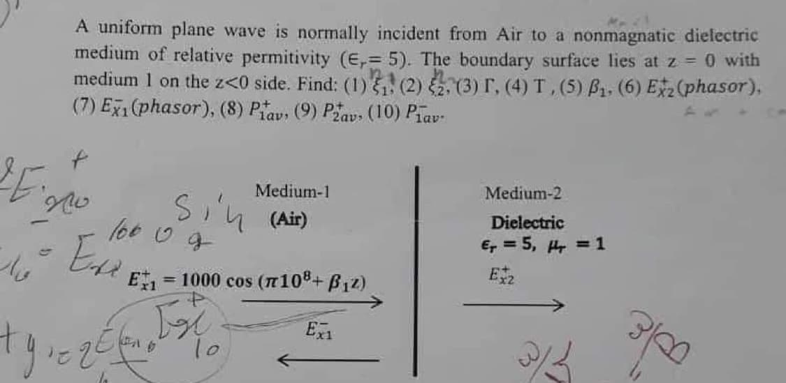 JE,
وار
A uniform plane wave is normally incident from Air to a nonmagnatic dielectric
medium of relative permitivity (E,= 5). The boundary surface lies at z = 0 with
medium 1 on the z<0 side. Find: (1) ₁ (2) 2, (3) r. (4) T, (5) B₁. (6) Ex₂ (phasor),
(7) Exi(phasor), (8) Plavs (9) Pav. (10) Plav
f
داو
166
Exe
Medium-1
Sin (Air)
Ex₁
+9+= 25 J
= 1000 cos (7108 + B₁z)
Ex1
Medium-2
Dielectric
€ = 5, y = 1
Exz
33
3100