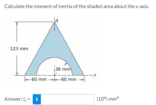 Calculate the moment of inertia of the shaded area about the x-axis.
123 mm
36 mm
Answer: Ix = i
-*-.
60 mm 60 mm
-x
(106) mm4