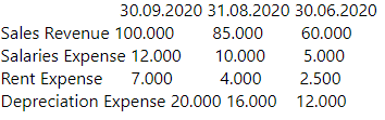 30.09.2020 31.08.2020 30.06.2020
Sales Revenue 100.000
85.000
60.000
Salaries Expense 12.000
Rent Expense
Depreciation Expense 20.000 16.000 12.000
10.000
5.000
7.000
4.000
2.500
