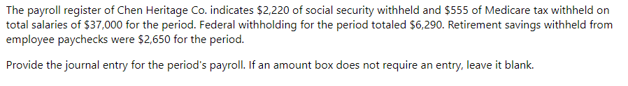 The payroll register of Chen Heritage Co. indicates $2,220 of social security withheld and $555 of Medicare tax withheld on
total salaries of $37,000 for the period. Federal withholding for the period totaled $6,290. Retirement savings withheld from
employee paychecks were $2,650 for the period.
Provide the journal entry for the period's payroll. If an amount box does not require an entry, leave it blank.
