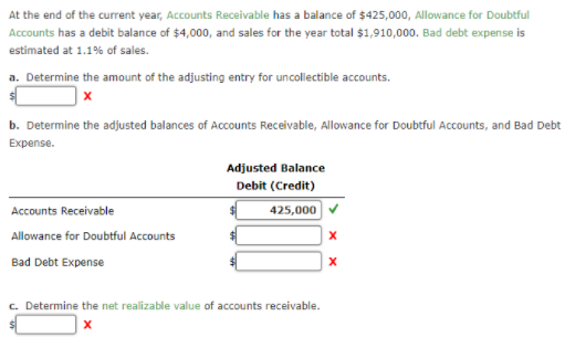 At the end of the current year, Accounts Receivable has a balance of $425,000, Allowance for Doubtful
Accounts has a debit balance of $4,000, and sales for the year total $1,910,000. Bad debt expense is
estimated at 1.1% of sales.
a. Determine the amount of the adjusting entry for uncollectible accounts.
b. Determine the adjusted balances of Accounts Receivable, Allowance for Doubtful Accounts, and Bad Debt
Expense.
Adjusted Balance
Debit (Credit)
Accounts Receivable
425,000
Allowance for Doubtful Accounts
Bad Debt Expense
c. Determine the net realizable value of accounts receivable.
|x
