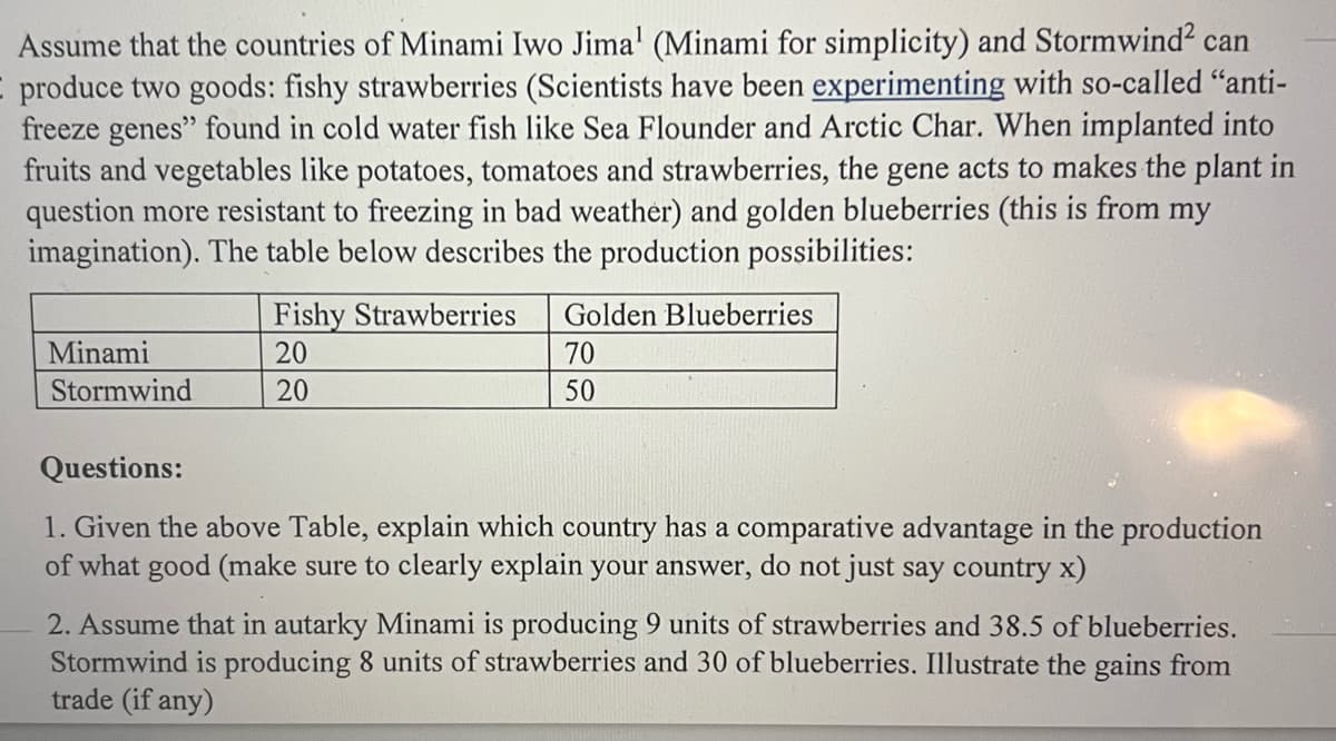 Assume that the countries of Minami Iwo Jima¹ (Minami for simplicity) and Stormwind² ca
I produce two goods: fishy strawberries (Scientists have been experimenting with so-called "anti-
freeze genes" found in cold water fish like Sea Flounder and Arctic Char. When implanted into
fruits and vegetables like potatoes, tomatoes and strawberries, the gene acts to makes the plant in
question more resistant to freezing in bad weather) and golden blueberries (this is from my
imagination). The table below describes the production possibilities:
Minami
Stormwind
Fishy Strawberries
20
20
Golden Blueberries
70
50
Questions:
1. Given the above Table, explain which country has a comparative advantage in the production
of what good (make sure to clearly explain your answer, do not just say country x)
2. Assume that in autarky Minami is producing 9 units of strawberries and 38.5 of blueberries.
Stormwind is producing 8 units of strawberries and 30 of blueberries. Illustrate the gains from
trade (if any)