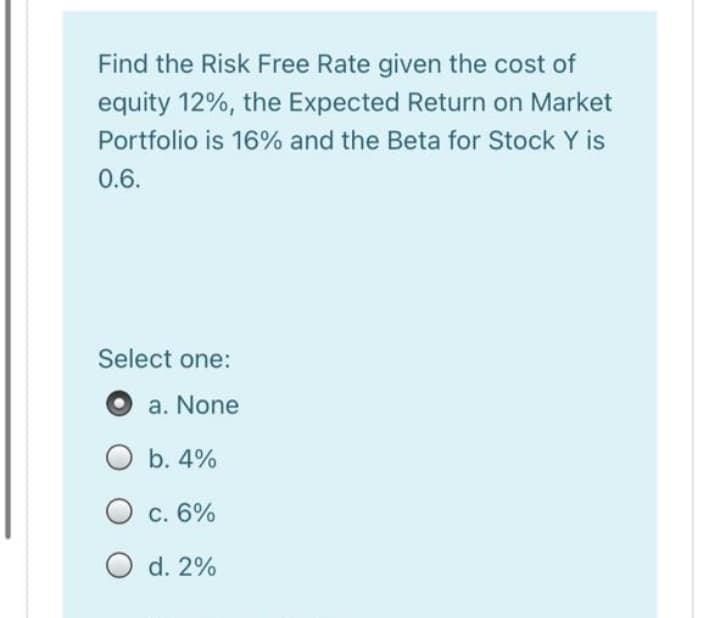 Find the Risk Free Rate given the cost of
equity 12%, the Expected Return on Market
Portfolio is 16% and the Beta for Stock Y is
0.6.
Select one:
a. None
b. 4%
C. 6%
O d. 2%
