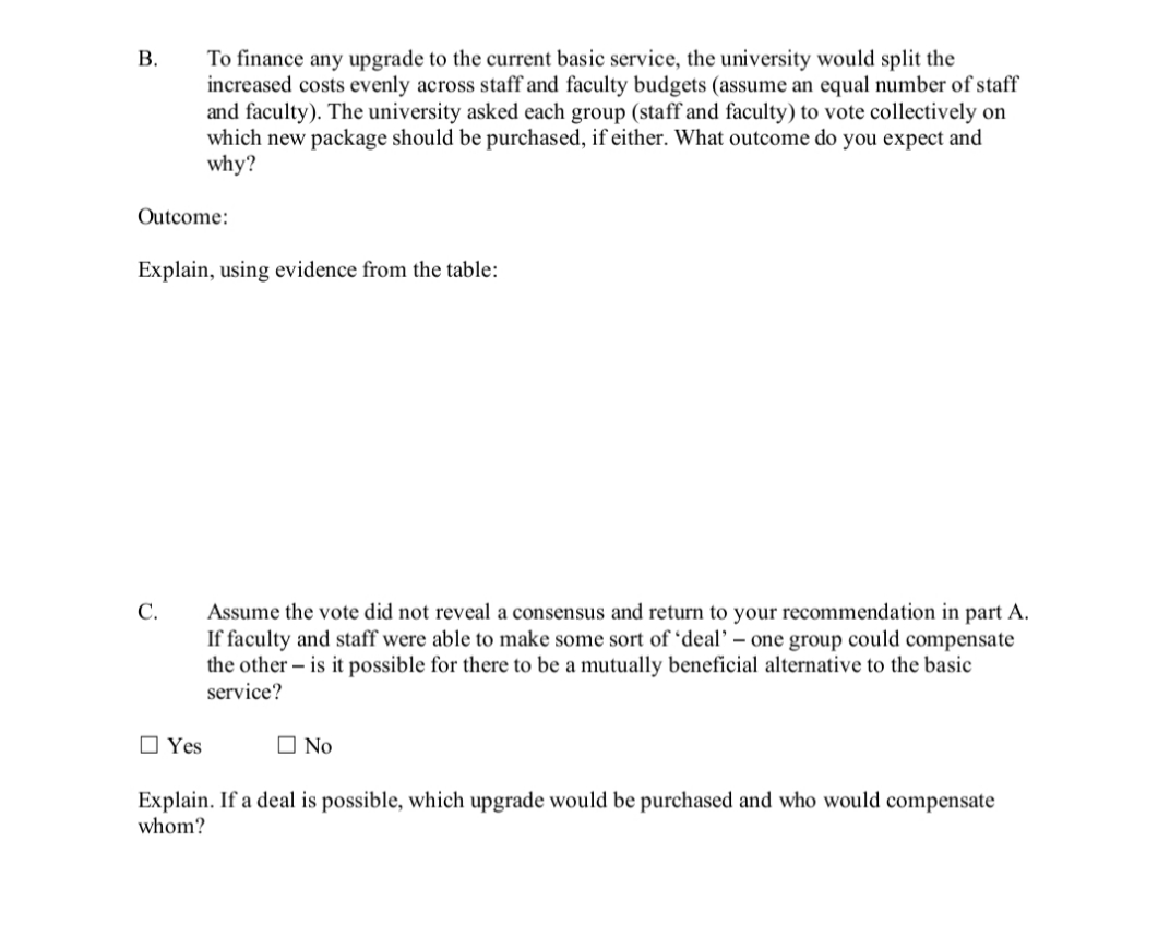 To finance any upgrade to the current basic service, the university would split the
increased costs evenly across staff and faculty budgets (assume an equal number of staff
and faculty). The university asked each group (staff and faculty) to vote collectively on
which new package should be purchased, if either. What outcome do you expect and
why?
В.
Outcome:
Explain, using evidence from the table:
С.
Assume the vote did not reveal a consensus and return to your recommendation in part A.
If faculty and staff were able to make some sort of 'deal’ - one group could compensate
the other – is it possible for there to be a mutually beneficial alternative to the basic
service?
O Yes
O No
Explain. If a deal is possible, which upgrade would be purchased and who would compensate
whom?
