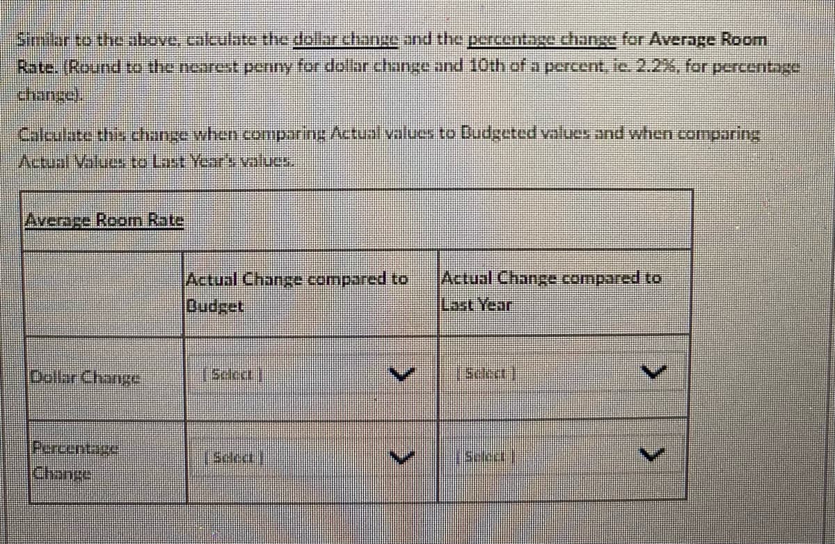 Similar to the above, calculate the dollar change and the percentage change for Average Room
Rate. Round to the nearest penny for dollar change and 10th of a percent, je. 2.2%, for percentage
changel.
Calculate this change when comparing Actual values to Budgeted values and when comparing
Actual Values to Last Years values.
Average Room Rate
Dollar Change
Percentage
Chane
Actual Change compared to
Budget
Selee)
|"Seed"||
ZN
Actual Change compared to
Last Year
Select
SUZA
>