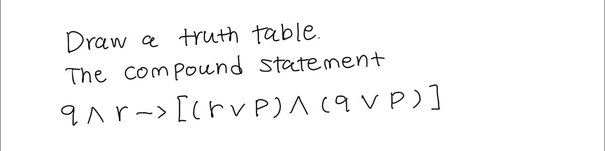 Draw
a truth table.
The compound statement
q^r-> [ ( rv P) A (9VP)]