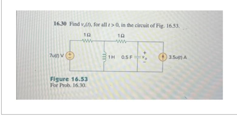 16.30 Find v (1), for all > 0, in the circuit of Fig. 16.53.
152
1592
7u(t) V
Figure 16.53
For Prob. 16.30.
1H
0.5 Fo
3.5u(t) A