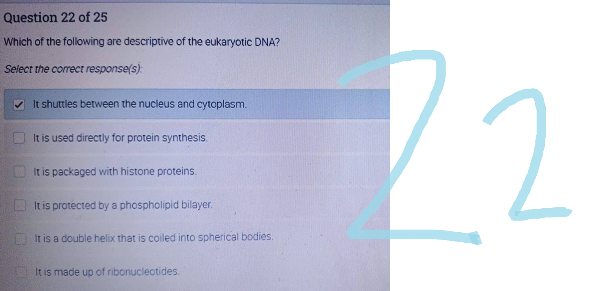 Question 22 of 25
Which of the following are descriptive of the eukaryotic DNA?
Select the correct response(s):
It shuttles between the nucleus and cytoplasm.
It is used directly for protein synthesis.
It is packaged with histone proteins.
It is protected by a phospholipid bilayer.
It is a double helix that is coiled into spherical bodies.
It is made up of ribonucleotides.
22