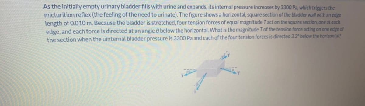 As the initially empty urinary bladder fills with urine and expands, its internal pressure increases by 3300 Pa, which triggers the
micturition reflex (the feeling of the need to urinate). The figure shows a horizontal, square section of the bladder wall with an edge
length of 0.010 m. Because the bladder is stretched, four tension forces of equal magnitude T act on the square section, one at each
edge, and each force is directed at an angle e below the horizontal. What is the magnitude T of the tension force acting on one edge of
the section when the uinternal bladder pressure is 3300 Pa and each of the four tension forces is directed 3.2° below the horizontal?