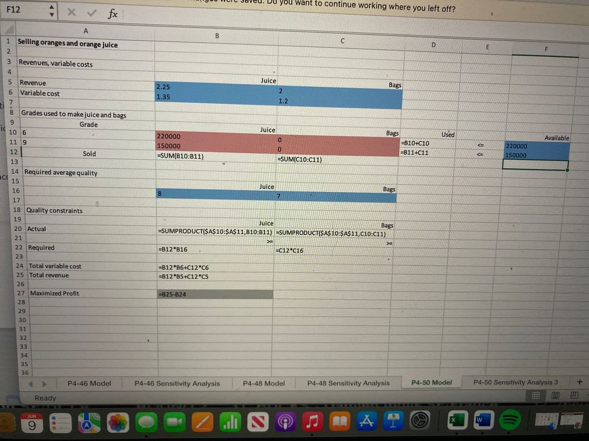 ### Selling Oranges and Orange Juice: A Cost and Profit Analysis

This spreadsheet is a detailed analysis of costs, revenue, and profitability associated with selling oranges as juice and in bags. Below is an explanation of each section and the calculations performed.

#### 1. Revenues and Variable Costs
- **Juice**:
  - Revenue per unit: \$2.25
  - Variable cost per unit: \$1.35
- **Bags**:
  - Revenue per unit: \$2.00
  - Variable cost per unit: \$1.20

#### 2. Grades Used to Make Juice and Bags
- Grade 6 orange allocations:
  - For Juice: 220,000 units
  - For Bags: 0 units
- Grade 7 orange allocations:
  - For Juice: 150,000 units
  - For Bags: 0 units
- Total oranges used for juice: SUM(B10:B11) = 220,000 + 150,000 = 370,000 units

Oranges available:
- Grade 6: 220,000 units
- Grade 7: 150,000 units

#### 3. Required Average Quality
- Average quality required for:
  - Juice: 8
  - Bags: 7

#### 4. Quality Constraints
**Actual Quality Calculation**:
- Juice: `=SUMPRODUCT(A10:A11, B10:B11)/SUM(B10:B11)`

Required units based on quality:
- For Juice: `=B12*B16`
- For Bags: `=C12*C16`

#### 5. Cost and Revenue Calculations
- **Total Variable Cost**:
  - Juice: `=B12*B6 + C12*C6`
  - Bags: `=B12*1.35 + C12*1.20`

- **Total Revenue**:
  - Juice: `=B12*B5 + C12*C5`
  - Bags: `=B12*2.25 + C12*2`

#### 6. Maximized Profit
The maximized profit is calculated by subtracting the total variable cost from the total revenue:
- `=B25-B24`

In the spreadsheet, specific calculations and logical formulas have been utilized to manage the resources effectively to maximize profit while maintaining required quality standards. This is crucial for making informed business decisions in the farming and