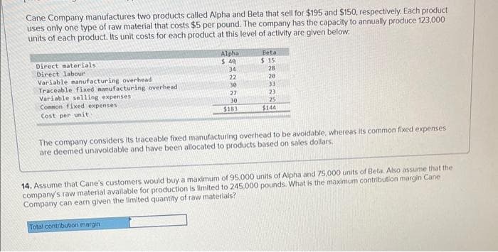 Cane Company manufactures two products called Alpha and Beta that sell for $195 and $150, respectively. Each product
uses only one type of raw material that costs $5 per pound. The company has the capacity to annually produce 123,000
units of each product. Its unit costs for each product at this level of activity are given below:
Direct materials.
Direct labour
Variable manufacturing overhead i
Traceable fixed manufacturing overhead
Variable selling expenses
Common fixed expenses
Cost per unit
Alpha
$ 40
34
22
Total contribution margin
30
27
30
$183
Beta
$15
28
20
33
23
25
$144
The company considers its traceable fixed manufacturing overhead to be avoidable, whereas its common fixed expenses
are deemed unavoidable and have been allocated to products based on sales dollars.
14. Assume that Cane's customers would buy a maximum of 95,000 units of Alpha and 75,000 units of Beta. Also assume that the
company's raw material available for production is limited to 245,000 pounds. What is the maximum contribution margin Cane
Company can earn given the limited quantity of raw materials?