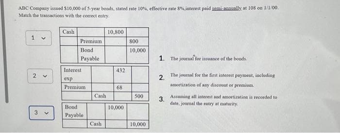 ABC Company issued $10,000 of 5-year bonds, stated rate 10%, effective rate 8%, interest paid semi-annually at 108 on 1/1/00.
Match the transactions with the correct entry.
1 v
2 ✓
3 V
Cash
Premium.
Bond
Payable
Interest.
exp
Premium
Bond
Payable
Cash
Cash
10,800
432
68
10,000
800
10,000
500
10,000
1. The journal for issuance of the bonds.
2.
3.
The journal for the first interest payment, including
amortization of any discount or premium.
Assuming all interest and amortization is recorded to
date, journal the entry at maturity.