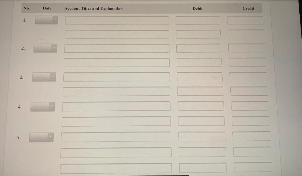 3.
4.
5.
No.
1.
2.
Date
Account Titles and Explanation
Debit
Credit