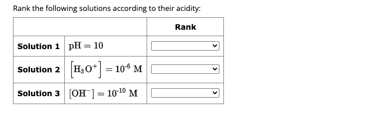 Rank the following solutions according to their acidity:
Rank
Solution 1 pH = 10
Solution 2
[H3O+] =
[H₂0+] = 106 M
Solution 3 [OH-] = 10-¹⁰ M