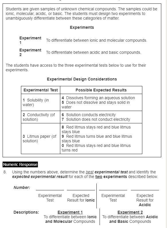 Students are given samples of unknown chemical compounds. The samples could be
ionic, molecular, acidic, or basic. The students must design two experiments to
unambiguously differentiate between these categories of matter.
Experiments
Experiment
1
To differentiate between ionic and molecular compounds.
Experiment
2
To differentiate between acidic and basic compounds.
The students have access to the three experimental tests below to use for their
experiments.
Experimental Design Considerations
Experimental Test
Possible Expected Results
1 Solubility (in
water)
4 Dissolves forming an aqueous solution
5 Does not dissolve and stays solid in
water
6 Solution conducts electricity
7 Solution does not conduct electricity
8 Red litmus stays red and blue litmus
stays blue
2 Conductivity (of
solution)
3 Litmus paper (of 9 Red litmus turns blue and blue litmus
solution)
stays blue
O Řed litmus stays red and blue litmus
turns red
Numeric Response
8. Using the numbers above, determine the best experimental test and identify the
expected experimental result for each of the two experiments described below.
Number:
Experimental
Test
Expected
Result for lonic
Experimental
Test
Expected
Result for
Acidic
Experiment 1
To differentiate between lonic To differentiate between Acidic
and Molecular Compounds
Descriptions:
Experiment 2
and Basic Compounds
