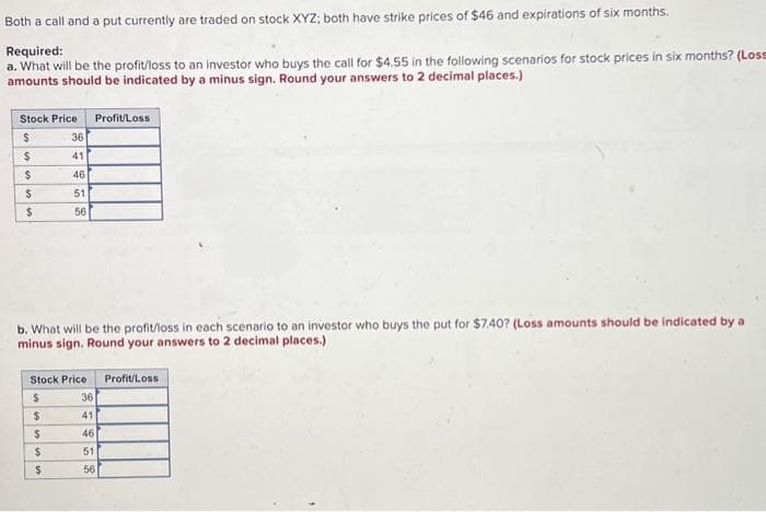 Both a call and a put currently are traded on stock XYZ; both have strike prices of $46 and expirations of six months.
Required:
a. What will be the profit/loss to an investor who buys the call for $4.55 in the following scenarios for stock prices in six months? (Loss
amounts should be indicated by a minus sign. Round your answers to 2 decimal places.)
Stock Price Profit/Loss
$
$
$
$
$
36
41
46
51
56
b. What will be the profit/loss in each scenario to an investor who buys the put for $7.40? (Loss amounts should be indicated by a
minus sign. Round your answers to 2 decimal places.)
$
$
Stock Price
$
$
$
36
41
46
51
56
Profit/Loss