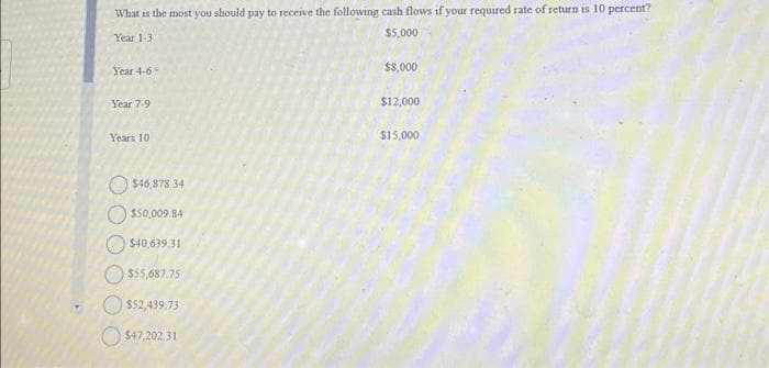 What is the most you should pay to receive the following cash flows if your required rate of return is 10 percent?
$5,000
Year 1-3.
Year 4-6
Year 7-9
Years 10
$46,878.34
$50,009.84
$40,639.31
$55,687.75
$52,439.73
$47,202.31
$8,000
$12,000
$15,000