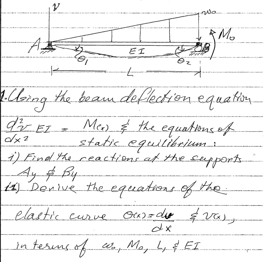 Mo
EI
7.
2Cbing the beamdeflection equation
Mea ģ the equatious of
static equilibejsum..
i) Find theceactions atf the supports
dr EI
dx?
Ay $ By
t1)_Derive theequationsofthe
elastic curue
in terns of Wo, Ma L ET
