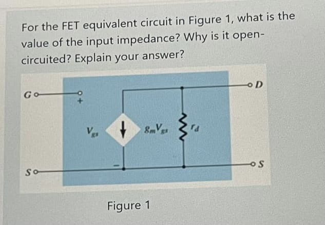 For the FET equivalent circuit in Figure 1, what is the
value of the input impedance? Why is it open-
circuited? Explain your answer?
Vgs
8mVer
so
Figure 1
