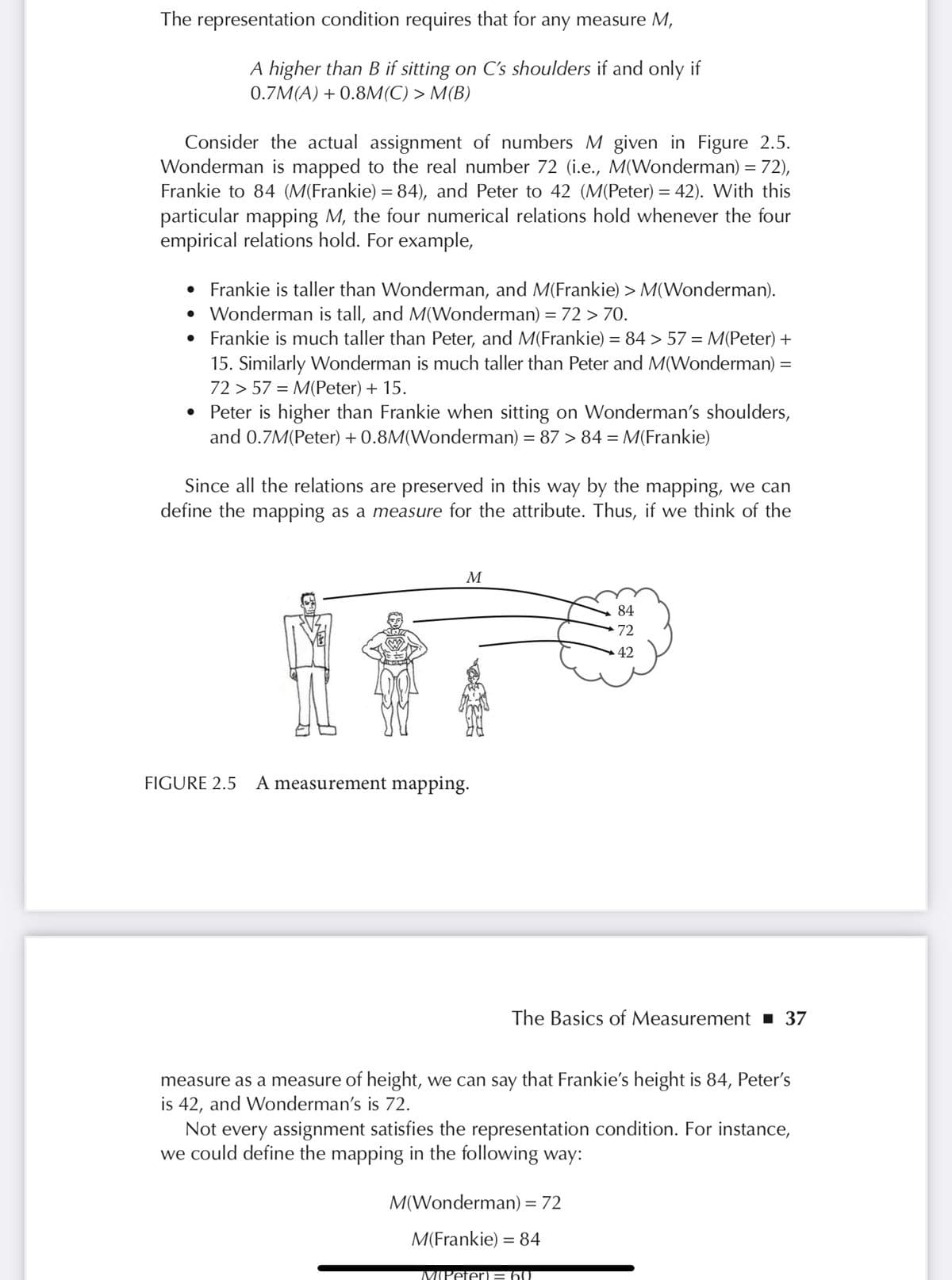 The representation condition requires that for any measure M,
A higher than B if sitting on C's shoulders if and only if
0.7M(A) +0.8M(C) > M(B)
Consider the actual assignment of numbers M given in Figure 2.5.
Wonderman is mapped to the real number 72 (i.e., M(Wonderman) = 72),
Frankie to 84 (M(Frankie) = 84), and Peter to 42 (M(Peter) = 42). With this
particular mapping M, the four numerical relations hold whenever the four
empirical relations hold. For example,
• Frankie is taller than Wonderman, and M(Frankie) > M(Wonderman).
• Wonderman is tall, and M(Wonderman) = 72 > 70.
●
Frankie is much taller than Peter, and M(Frankie) = 84 > 57 = M(Peter) +
15. Similarly Wonderman is much taller than Peter and M(Wonderman)
72 > 57 = M(Peter) + 15.
Peter is higher than Frankie when sitting on Wonderman's shoulders,
and 0.7M(Peter) + 0.8M(Wonderman) = 87 > 84 = M(Frankie)
Since all the relations are preserved in this way by the mapping, we can
define the mapping as a measure for the attribute. Thus, if we think of the
M
FIGURE 2.5 A measurement mapping.
=
84
72
42
The Basics of Measurement ■ 37
measure as a measure of height, we can say that Frankie's height is 84, Peter's
is 42, and Wonderman's is 72.
M(Wonderman) = 72
M(Frankie) = 84
Not every assignment satisfies the representation condition. For instance,
we could define the mapping in the following way:
M(Peter) = 60