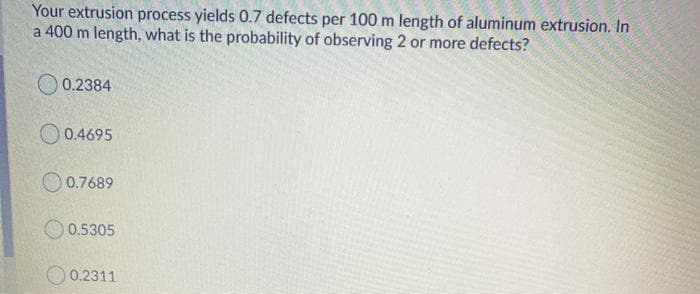 Your extrusion process yields 0.7 defects per 100 m length of aluminum extrusion. In
a 400 m length, what is the probability of observing 2 or more defects?
0.2384
O 0.4695
O 0.7689
O 0.5305
0.2311
