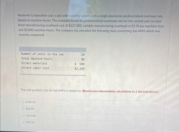 Kostelnik Corporation uses a job-order costing system with a single plantwide predetermined overhead rate
based on machine-hours. The company based its predetermined overhead rate for the current year on total
fixed manufacturing overhead cost of $237,000, variable manufacturing overhead of $3.90 per machine-hour,
and 30,000 machine-hours. The company has provided the following data concerning Job A496 which was
recently completed:
Number of units in the job.
Total machine-hours
Direct materials
Direct labor cost
O $180.20
O $45.05
The unit product cost for Job A496 is closest to: (Round your intermediate calculations to 2 decimal places.)
O $133.00
20
80
O $72.20
$500
$2,160