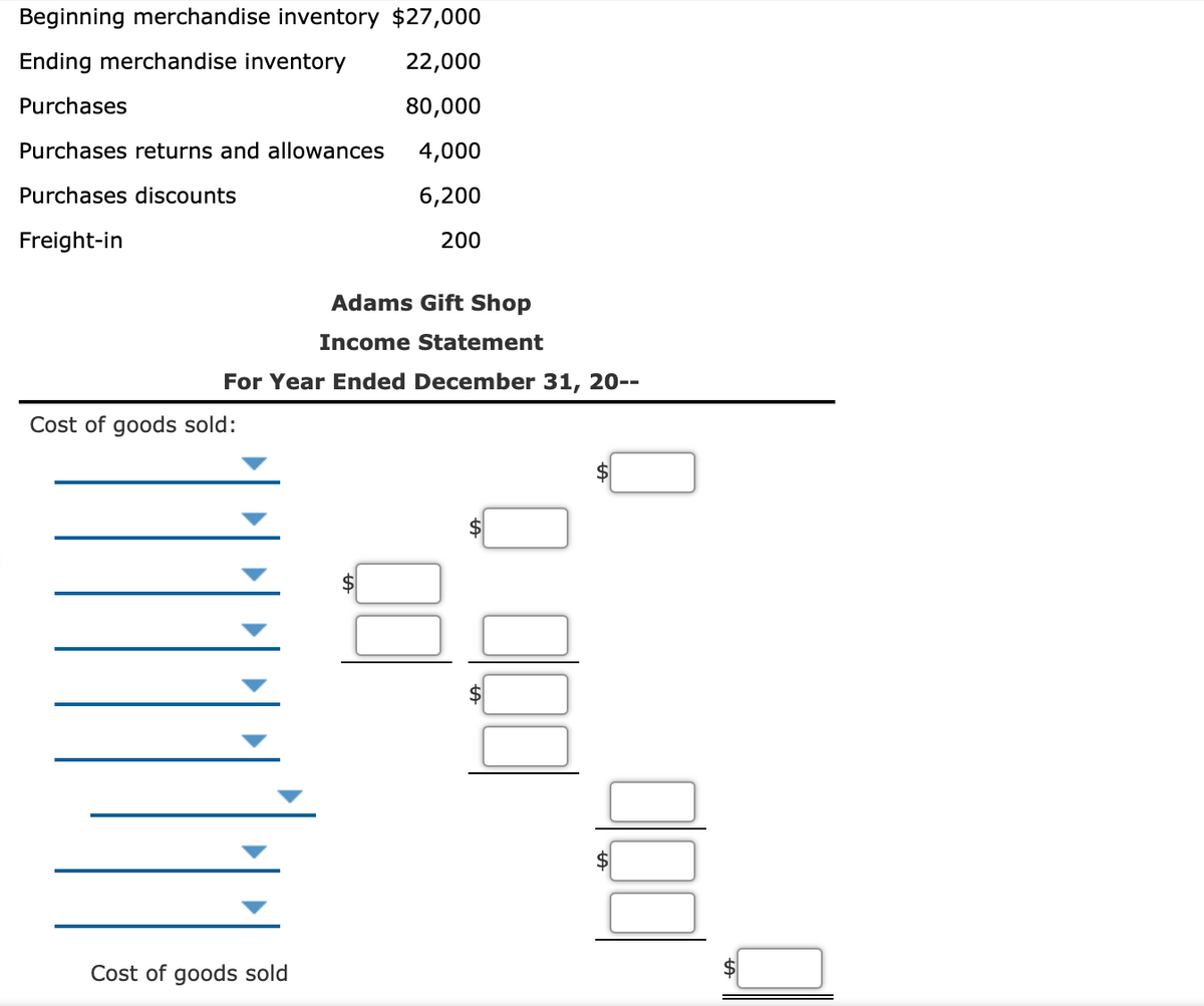 Beginning merchandise inventory $27,000
Ending merchandise inventory
22,000
Purchases
80,000
Purchases returns and allowances
4,000
Purchases discounts
6,200
Freight-in
200
Adams Gift Shop
Income Statement
For Year Ended December 31, 20--
Cost of goods sold:
2$
$
Cost of goods sold
