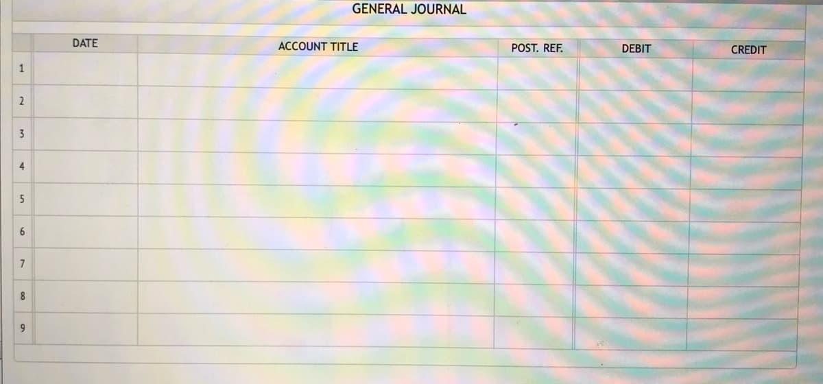 GENERAL JOURNAL
DATE
ACCOUNT TITLE
POST. REF.
DEBIT
CREDIT
1
2
3
4
5
8
9
